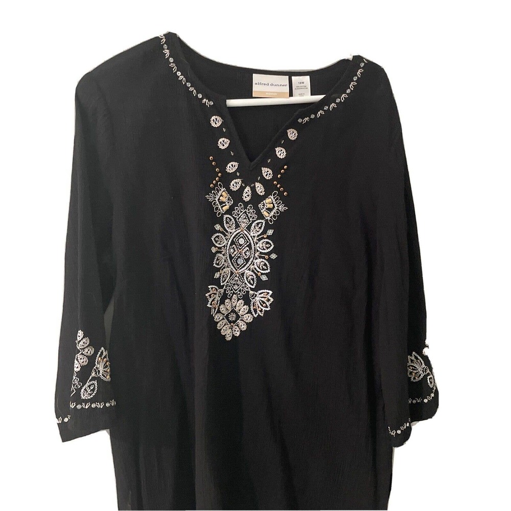 ALFRED DUNNER 3/4 sleeve Tunic Size 16W, Black V Neck Lightweight